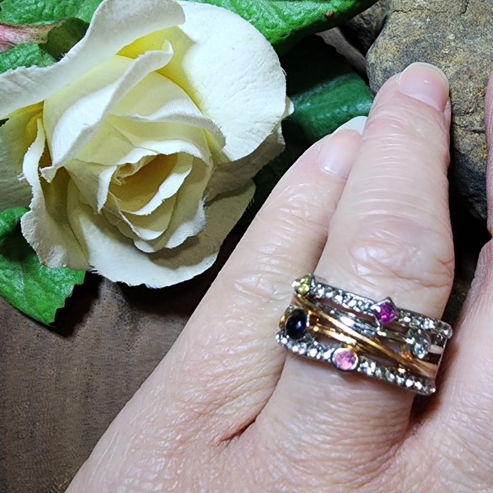 Vintage Sterling Silver And Rose Gold Plated Gemstone And CZ Ring
